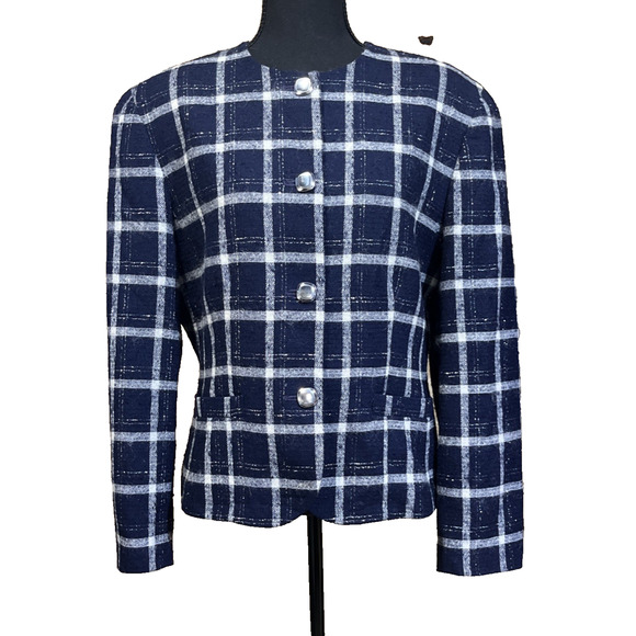 Vintage Pendleton Blazer Womens Size 12 Navy Blue Plaid Virgin Wool Metallic USA - Picture 1 of 14